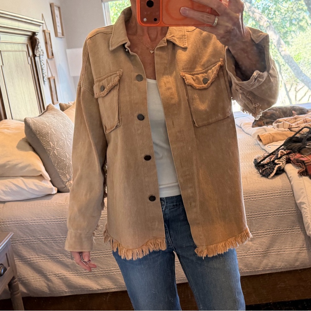 Women's Casual Tan Denim Jacket with Frayed Hem